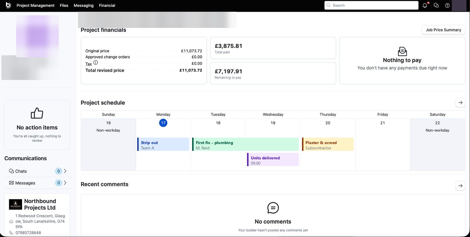 Illustration of the Buildertrend dashboard a Northbound customer logs in to, showing project financials and an example week of scheduled work